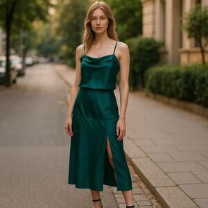 Strut & Bolt midi dark green satin dress slit sz medium new